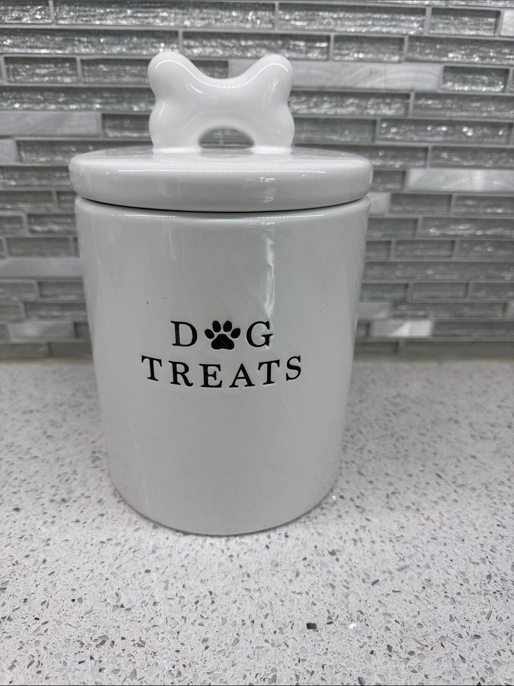 Ceramic Dog Treat Jar with Bone Lid - White